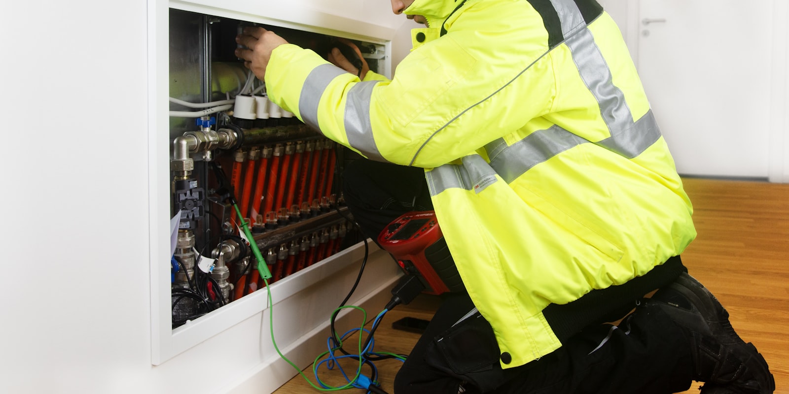 Technician taking electrical readings inside a residential heating system